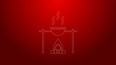 Yeşil çizgi kamp ateşi ve çömlek ikonu kırmızı arka planda izole edildi. Ateş kampı, yakacak odun ve alevlerin üzerinde kazanda pişiyor. 4K Video hareketli grafik canlandırması
