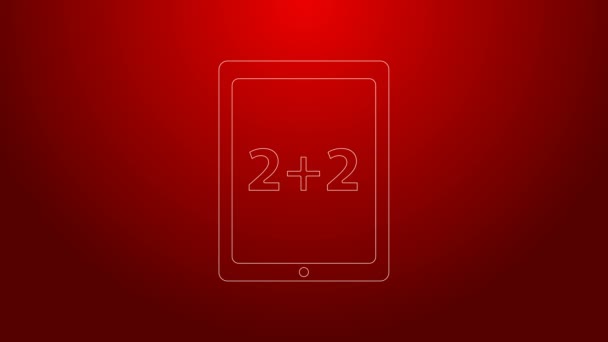 Tableta de línea verde con icono de la calculadora aislado sobre fondo rojo. Símbolo contable. Cálculos empresariales educación matemática. Animación gráfica de vídeo 4K — Vídeos de Stock