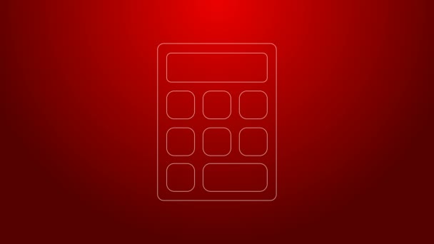 Ikona kalkulačky zelené čáry izolovaná na červeném pozadí. Účetní symbol. Obchodní výpočty matematiky vzdělávání a financí. Grafická animace pohybu videa 4K — Stock video