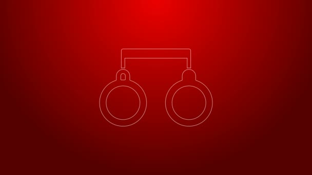 Green line Handcuffs icon isolated on red background. 4K Video motion graphic animation — Stock Video