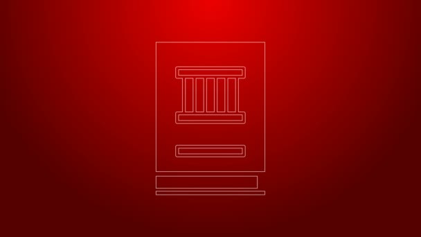 Línea verde Icono del libro de leyes aislado sobre fondo rojo. Libro de jueces legales. Concepto de juicio. Animación gráfica de vídeo 4K — Vídeo de stock