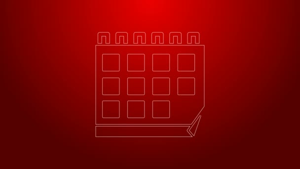 Icono de calendario de línea verde aislado sobre fondo rojo. Evento símbolo recordatorio. Animación gráfica de vídeo 4K — Vídeos de Stock