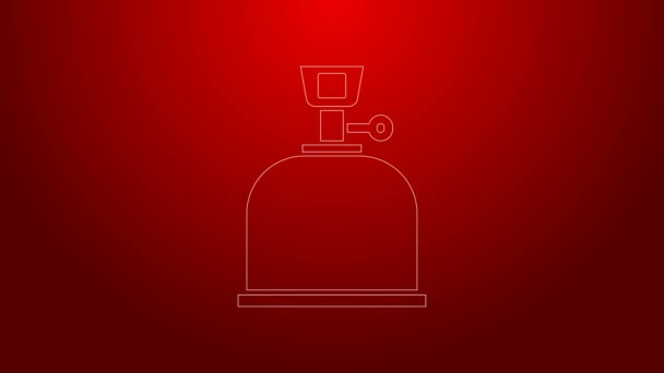 Línea verde Icono de estufa de gas de camping aislado sobre fondo rojo. Quemador de gas portátil. Senderismo, equipo de camping. Animación gráfica de vídeo 4K — Vídeo de stock