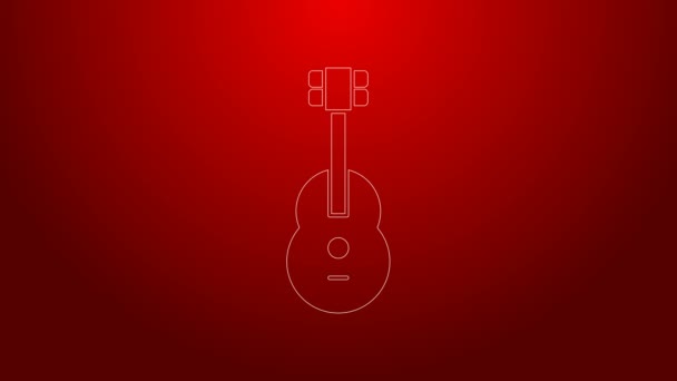 Ícone de guitarra linha verde isolado no fundo vermelho. Guitarra acústica. Instrumento musical de cordas. Animação gráfica em movimento de vídeo 4K — Vídeo de Stock