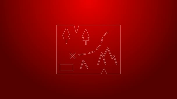 Linha verde Mapa dobrado com ícone de marcador de localização isolado no fundo vermelho. Animação gráfica em movimento de vídeo 4K — Vídeo de Stock