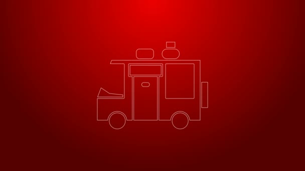 Zielona linia Rv Camping trailer ikona izolowana na czerwonym tle. Podróż domek mobilny, przyczepa kempingowa, kamper domowy na podróż. 4K Animacja graficzna ruchu wideo — Wideo stockowe