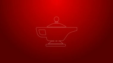 Yeşil çizgi sihirli lamba veya kırmızı arkaplanda izole edilmiş Aladdin lamba ikonu. Dilek için ruhani lamba. 4K Video hareketli grafik canlandırması