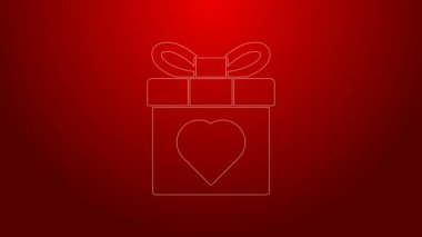 Yeşil çizgi hediye kutusu ve kalp ikonu kırmızı arka planda izole edilmiş. 8 Mart. Uluslararası Mutlu Kadınlar Günü. 4K Video hareketli grafik canlandırması