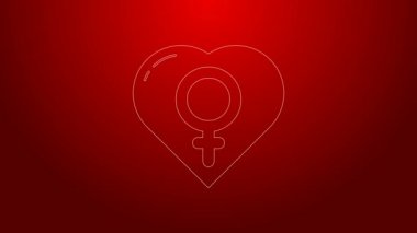 Kırmızı arka planda izole edilmiş, kalp ikonundaki yeşil çizgi kadın cinsiyeti. Venüs sembolü. Bir kadın ya da organizmanın sembolü. 4K Video hareketli grafik canlandırması
