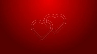 Yeşil Hat İki Bağlı Kalpler simgesi kırmızı arkaplanda izole edildi. Romantik sembol, bağlanma, tutku ve düğün. Mutlu Kadın Günleri. 4K Video hareketli grafik canlandırması
