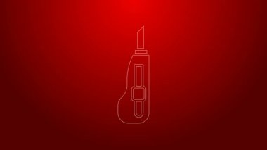 Kırmızı arkaplanda yeşil çizgi kırtasiye bıçağı simgesi izole edildi. Ofis kâğıt kesicisi. 4K Video hareketli grafik canlandırması