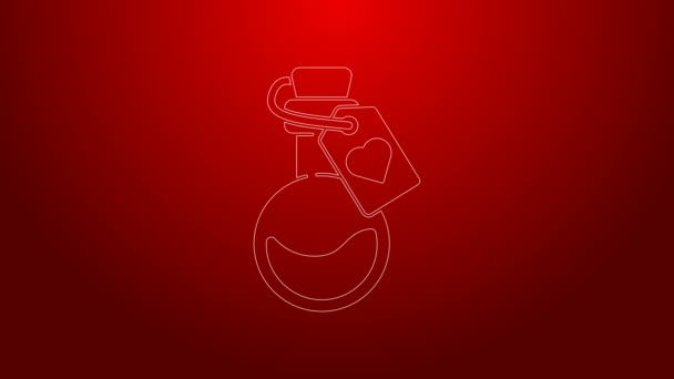 Green line Bottle with love potion icon isolated on red background. Valentines day symbol. 4K Video motion graphic animation — Stock Video