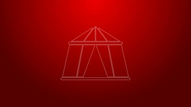 Linea verde icona tenda Circus isolato su sfondo rosso. Tenda campeggio carnevale. Parco divertimenti. Animazione grafica 4K Video motion — Video Stock