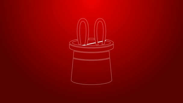 Green line Magician hat and rabbit ears icon isolated on red background. Magic trick. Mystery entertainment concept. 4K Video motion graphic animation — Stock Video