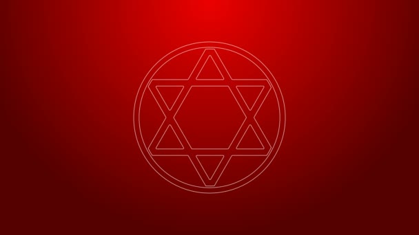 Yeşil çizgi David 'in Yıldızı simgesi kırmızı arkaplanda izole edildi. Yahudi dini sembolü. İsrail 'in sembolü. 4K Video hareketli grafik canlandırması — Stok video
