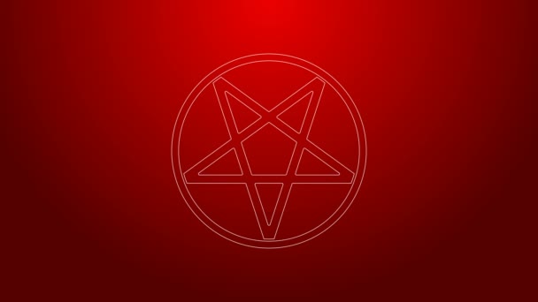 Zöld vonal Pentagram egy kör ikon elszigetelt piros háttér. Varázslatos okkult csillag szimbólum. 4K Videó mozgás grafikus animáció — Stock videók