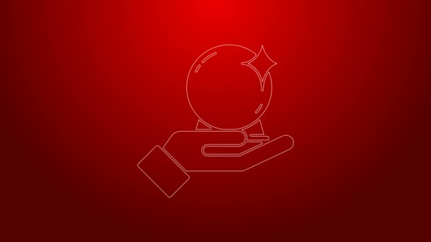 Green line Magic ball on hand icon isolated on red background. Crystal ball. 4K Video motion graphic animation — Stock Video