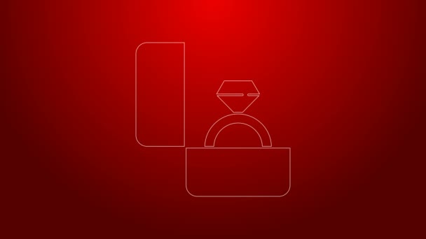 Green line Diamond engagement ring icon isolated on red background. 4K Video motion graphic animation — Stock Video