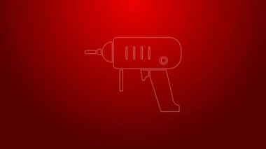Yeşil çizgi elektrikli matkap simgesi kırmızı arkaplanda izole edildi. Tamir aleti. 4K Video hareketli grafik canlandırması
