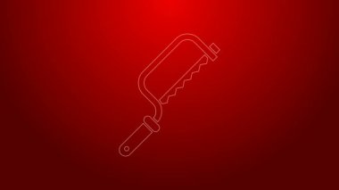 Yeşil Hacksaw simgesi kırmızı arkaplanda izole edildi. Tahta ve metal testeresi. 4K Video hareketli grafik canlandırması