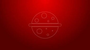 Gezegen Satürn 'ün yeşil çizgisi. Kırmızı arka planda gezegensel halka ikonu var. 4K Video hareketli grafik canlandırması