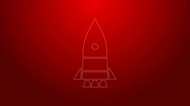 Yeşil çizgi roket gemisi simgesi kırmızı arkaplanda izole edildi. Uzay yolculuğu. 4K Video hareketli grafik canlandırması