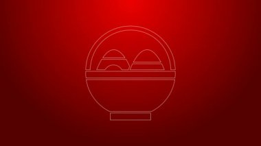 Kırmızı zemin üzerinde paskalya yumurtası simgesi olan yeşil çizgi sepetleri. Mutlu Paskalyalar. 4K Video hareketli grafik canlandırması