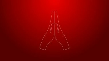 Yeşil çizgi Eller dua pozisyonunda ikon kırmızı arkaplanda izole edildi. Tanrı 'ya inanç ve umutla dua edin. 4K Video hareketli grafik canlandırması