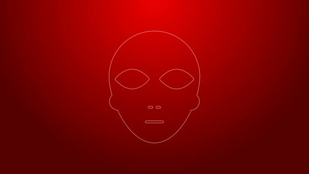 Green line Alien icon isolated on red background. Extraterrestrial alien face or head symbol. 4K Video motion graphic animation — Stock Video