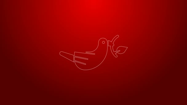 Zielona linia Gołąb pokojowy z ikoną gałązki oliwnej na czerwonym tle. Szczęśliwej Wielkanocy. 4K Animacja graficzna ruchu wideo — Wideo stockowe