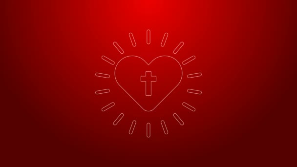 Ligne verte Croix chrétienne et icône du cœur isolé sur fond rouge. Joyeux Pâques. Animation graphique de mouvement vidéo 4K — Video