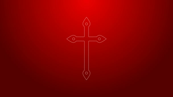 Icono de cruz cristiana de línea verde aislado sobre fondo rojo. Cruz de iglesia. Animación gráfica de vídeo 4K — Vídeos de Stock