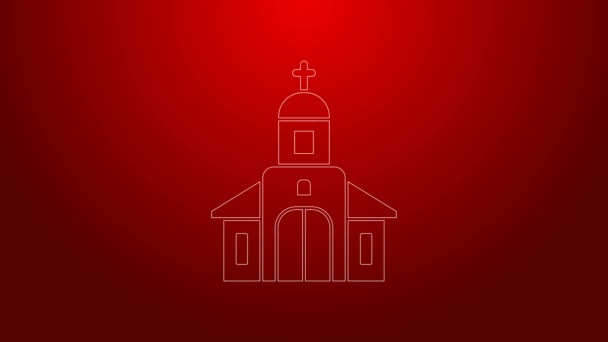 Ícone de construção da igreja linha verde isolado no fundo vermelho. Igreja Cristã. Religião da igreja. Animação gráfica em movimento de vídeo 4K — Vídeo de Stock