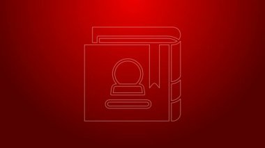 Yeşil çizgi üzerinde simya tarifleri, mistik büyüler ve kırmızı arka planda izole edilmiş büyü simgeleri olan Antik büyü kitabı. 4K Video hareketli grafik canlandırması