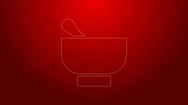 Yeşil çizgi sihirli havan topu ve tokmak simgesi kırmızı arkaplanda izole edildi. 4K Video hareketli grafik canlandırması