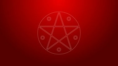 Kırmızı arkaplanda izole edilmiş bir daire simgesinde yeşil çizgi pentagramı. Sihirli okült yıldız sembolü. 4K Video hareketli grafik canlandırması