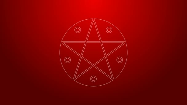 Línea verde Pentagrama en un icono de círculo aislado sobre fondo rojo. Símbolo mágico de estrella oculta. Animación gráfica de vídeo 4K — Vídeo de stock
