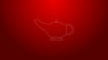 Yeşil çizgi sihirli lamba veya kırmızı arkaplanda izole edilmiş Aladdin lamba ikonu. Dilek için ruhani lamba. 4K Video hareketli grafik canlandırması