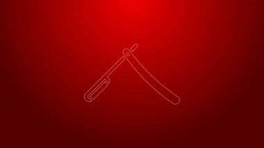 Yeşil çizgi. Kırmızı arkaplanda jilet simgesi var. Berber dükkanı sembolü. 4K Video hareketli grafik canlandırması