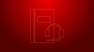 Kırmızı arkaplanda yeşil çizgi sesli kitap simgesi izole edildi. Kulaklıklı kitap. Ses rehberi işareti. Çevrimiçi öğrenme kavramı. 4K Video hareketli grafik canlandırması