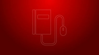 Kırmızı zemin üzerinde fare simgesi olan yeşil çizgi Elektronik kitabı. Çevrimiçi eğitim kavramı. E-kitap rozet ikonu. 4K Video hareketli grafik canlandırması