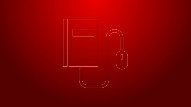 Green line Electronic book with mouse icon isolated on red background. Online education concept. E-book badge icon. 4K Video motion graphic animation — Stock Video
