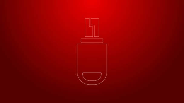 Green line USB flash drive icon isolated on red background. 4K Video motion graphic animation — Stock Video