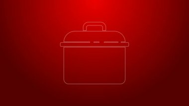 Yeşil çizgi tencere ikonu kırmızı arkaplanda izole edildi. Haşlama ya da güveç besin sembolü. 4K Video hareketli grafik canlandırması