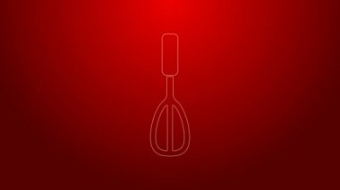 Yeşil çizgi Mutfak çırpma simgesi kırmızı arkaplanda izole edildi. Mutfak aletleri, yumurta çırpıcı. Çatal bıçak seti. Yemek karışımı sembolü. 4K Video hareketli grafik canlandırması