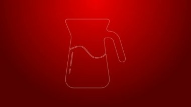 Kırmızı zemin üzerinde su ikonu olan yeşil çizgi sürahi camı. Su için çaydanlık. İçme suyu dolu cam sürahi. 4K Video hareketli grafik canlandırması