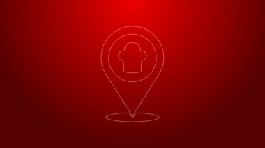 Yeşil hat şefi şapkası ve kırmızı arka planda konum simgesi var. Aşçılık sembolü. Aşçı şapkası. 4K Video hareketli grafik canlandırması
