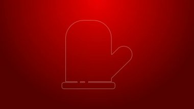 Yeşil çizgi fırın ikonu kırmızı arkaplanda izole edildi. Mutfak tutacağı işareti. Yemek eldiveni. 4K Video hareketli grafik canlandırması