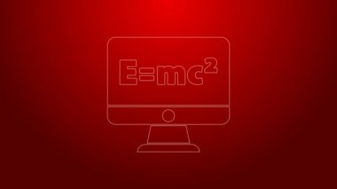 Kırmızı arkaplanda izole edilmiş bilgisayar monitörü simgesindeki yeşil çizgi matematik denklem çözümü. E eşittir bilgisayar ekranında mc kare denklemi. 4K Video hareketli grafik canlandırması
