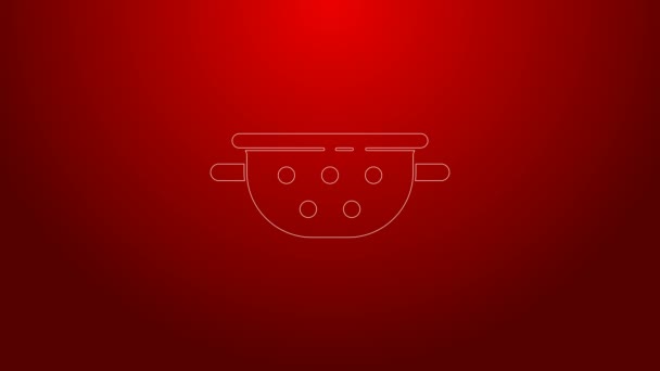 Zielona linia Kuchnia ikona Colander izolowane na czerwonym tle. Przybornik kuchenny. Znak sztućców. 4K Animacja graficzna ruchu wideo — Wideo stockowe